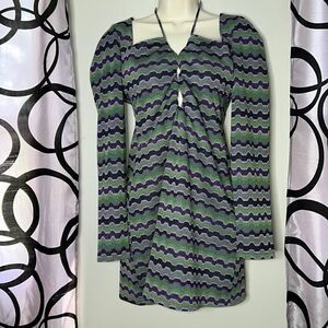 Vintage 90s Zara Green Purple Metallic Geo Striped Cutout Mini Dress Size M